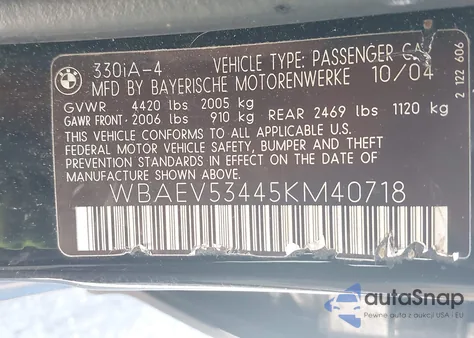 2005 BMW 330I из США, поврежденный, VIN WBAEV53445KM40718